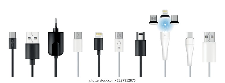 Cables de carga de smartphone para teléfono móvil con iconos aislados de varias tomas de energía de diferentes proveedores ilustración vectorial