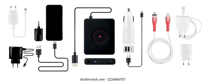 Mobile phone smartphone charging set with isolated wires plugs power banks and adapters with bolt sign vector illustration