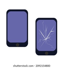 A mobile phone, a smartphone, a device, whole and with broken screen. Vector illustration.