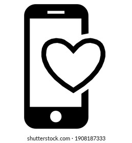 Mobile phone, smartphone display with heart silhouette, symbol, vector illustration, in black and white color, isolated on white background