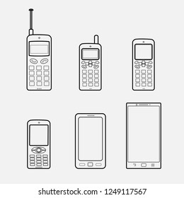 Mobile phone to smartphone evolution line design icon set. Communication device pictogram