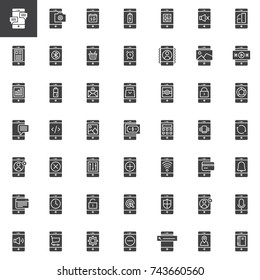 Mobile phone and smartphone functions vector icons set, modern solid symbol collection, filled pictogram pack. Signs, logo illustration. Set includes icons as message, wi-fi, camera, calculator, call