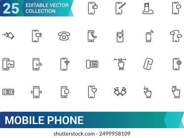 Mobile Phone and Smartphone icon set. Collection and pack of linear web and ui icons. Editable stroke. Vector illustration.