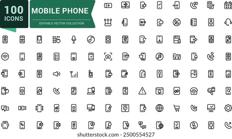 Symbolsatz für Mobiltelefon und Smartphone. Verwandt mit Gerät, Telefon und mehr. Minimalistisches Web- und UI-Symbol. Gliederungssymbolsammlungen. Bearbeitbare Vektorgrafik.