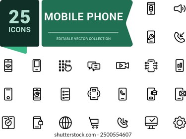 Conjunto de iconos de teléfono móvil y teléfono inteligente. Relacionado con el dispositivo, el teléfono y más. Web minimalista e icono de interfaz de usuario. Colecciones de iconos de esquema. Ilustración vectorial editable.