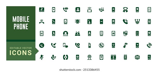 Mobile phone and Smartphone icons set. Collection and pack of ui icons. Solid icon set. Glyph icon set for web and ui. Filled icon set, editable stroke. Vector illustration.