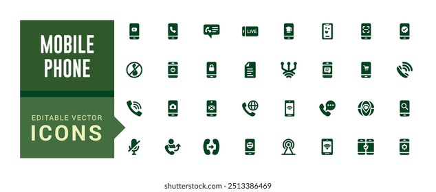 Mobile phone and Smartphone icons set. Collection and pack of ui icons. Solid icon set. Glyph icon set for web and ui. Filled icon set, editable stroke. Vector illustration.