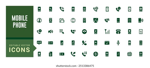 Mobile phone and Smartphone icons set. Collection and pack of ui icons. Solid icon set. Glyph icon set for web and ui. Filled icon set, editable stroke. Vector illustration.