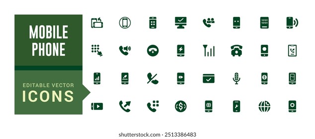 Mobile phone and Smartphone icons set. Collection and pack of ui icons. Solid icon set. Glyph icon set for web and ui. Filled icon set, editable stroke. Vector illustration.