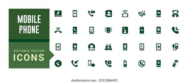 Mobile phone and Smartphone icons set. Collection and pack of ui icons. Solid icon set. Glyph icon set for web and ui. Filled icon set, editable stroke. Vector illustration.