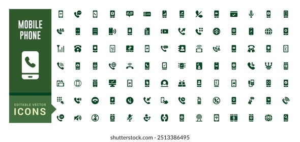 Mobile phone and Smartphone icons set. Collection and pack of ui icons. Solid icon set. Glyph icon set for web and ui. Filled icon set, editable stroke. Vector illustration.