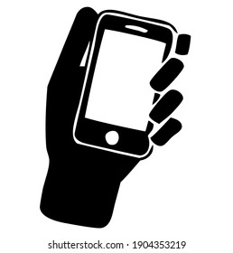 Teléfono móvil, smartphone, silueta de mano izquierda, símbolo, ilustración vectorial, en color negro y blanco, aislado en fondo blanco
