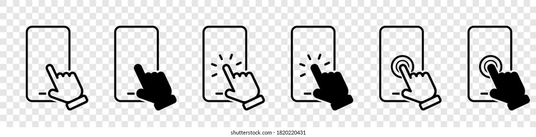 Mobile phone. Smartphone Line Icons. Hand holding smartphone. Hand white touch screen and click on the mobile phone. Mobile phone icons. Vector illustration