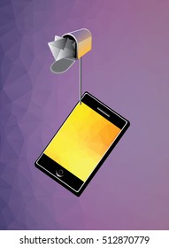 Mobile phone, smartphone with mailbox on low poly background in purple color hues