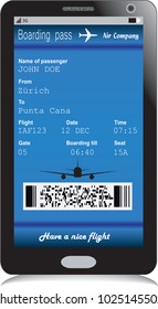 Mobile phone or smartphone with modern electronic boarding pass ticket for travel by plane. Vector illustration