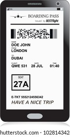 Mobile phone or smartphone with modern electronic boarding pass ticket for travel by plane. Vector illustration