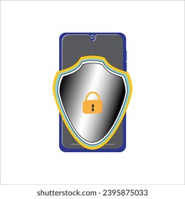 Mobile Phone Smartphone security guard concept with padlock and silver shield flat illustration vector. SHOTLISTbanking.