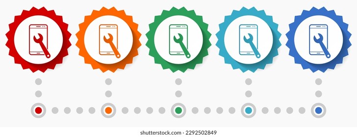 Mobile phone, smartphone service vector icon set, colorful infographic template, set of flat design badge icons in 5 color options