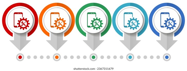 Mobile phone, smartphone service vector icon set, flat design infographic template, set pointer concept icons in 5 color options for webdesign and mobile applications