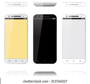 Mobile phone smartphone set. Mockups design. Smart phone isolated with blank screen on white background. Vector illustration.
