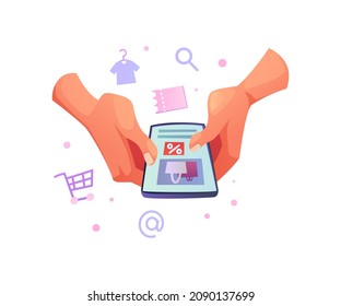 Mobile phone or smartphone with store, hand holding digital phone with shopping application. Vector shop basket and discount, franchise business and buying online, sale on grocery and cloth