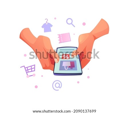 Mobile phone or smartphone with store, hand holding digital phone with shopping application. Vector shop basket and discount, franchise business and buying online, sale on grocery and cloth