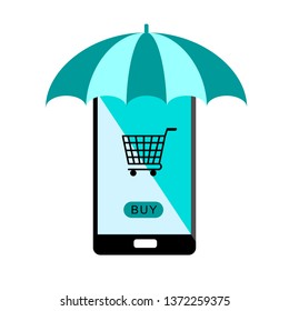 Mobile phone or smartphone with sunshade and background for online buy. Color full vector flat icon.