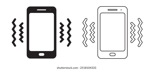 Telefone celular, Smartphone vibrando ou tocando ícone plano ou linha, vetor.  Símbolos de toque de celular inteligente para app, logo, design de site. Vibrações modo ícone de telefone vetor, símbolo vibração celular.