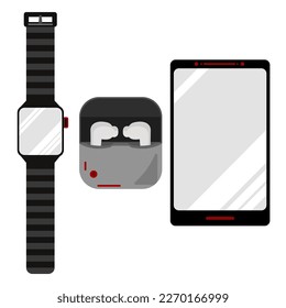 Mobile phone, smartwatch, and inear monitor on white background in flat vector illustration design