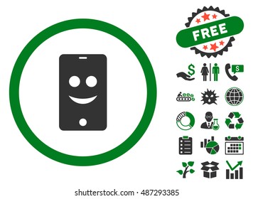Mobile Phone Smile icon with free bonus icon set. Vector illustration style is flat iconic bicolor symbols, green and gray colors, white background.