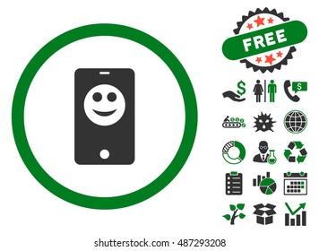 Mobile Phone Smiley icon with free bonus elements. Vector illustration style is flat iconic bicolor symbols, green and gray colors, white background.