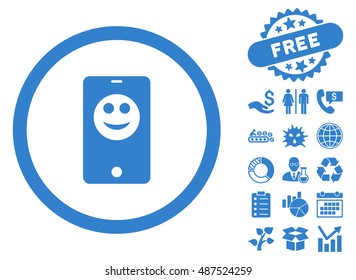 Mobile Phone Smiley icon with free bonus images. Vector illustration style is flat iconic symbols, cobalt color, white background.
