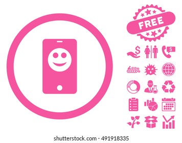 Mobile Phone Smiley icon with free bonus design elements. Vector illustration style is flat iconic symbols, pink color, white background.