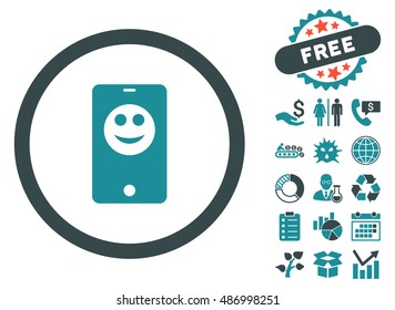 Mobile Phone Smiley pictograph with free bonus symbols. Vector illustration style is flat iconic bicolor symbols, soft blue colors, white background.