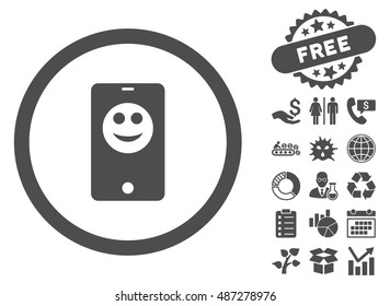 Mobile Phone Smiley pictograph with free bonus clip art. Vector illustration style is flat iconic symbols, gray color, white background.