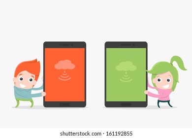 mobile phone and smiling cartoon, vector