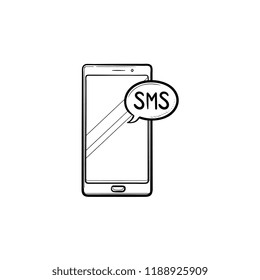 Mobile phone with sms bubble hand drawn outline doodle icon. Sms chat and communication, text message concept. Vector sketch illustration for print, web, mobile and infographics on white background.