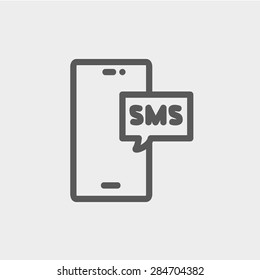 Mobile phone with SMS can receive and send messages icon thin line for web and mobile, modern minimalistic flat design. Vector dark grey icon on light grey background.