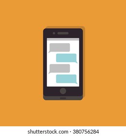 Mobile phone with sms chat. Phone with chat. Mobile phone flat icon. Smartphone icon. Sending messages. Message exchange. SMS service. Social network