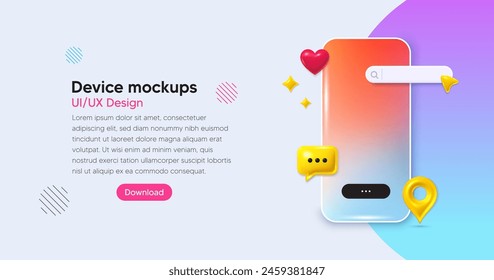 Mobile phone social media banner. Search bar app interface template. Phone 3d mockup with chat speech bubble, heart, map pin. Social media phone banner. App search bar with pointer. Gradient vector