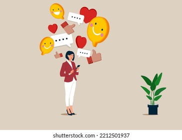 Mobile phone social media communication. Woman use social media communication platforms online. Flat vector illustration.