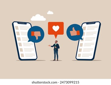 Mobile phone social media communication. Social media positive and negative feedback. Flat vector illustration.