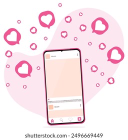 Teléfono móvil con aplicación de red social. Recibe me gusta y comentarios. Smartphone.
