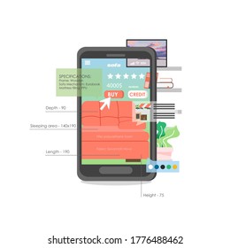 Mobile phone with sofa on screen, vector flat illustration. Online furniture store, home furniture shopping in the internet using mobile app concept.