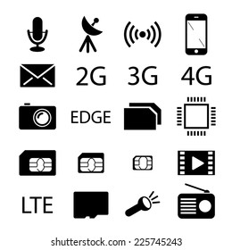 Mobile phone specification black icons. Vector collection