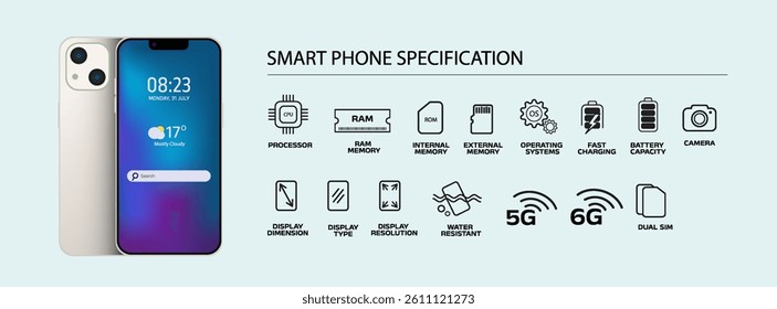  Mobile phone specification Flat icons set with realistic smartphone vector illustration