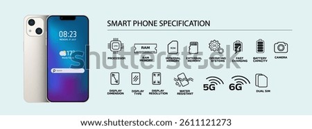  Mobile phone specification Flat icons set with realistic smartphone vector illustration