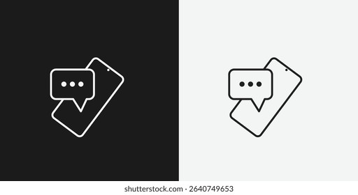 Mobile Phone with Speech Bubble and Ellipsis on Black and White Backgrounds, Representing Feedback, Messaging, or Communication, White Outline Icon