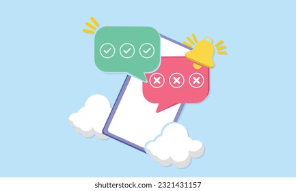 Mobile Phone with Speech bubble messages. Online chatting via smartphone with bell notification. Social media marketing concept.vector on blue background