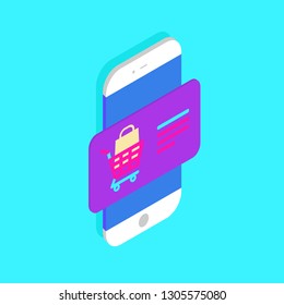 Mobile phone and speech bubble. Online ordering notification concept, ecommerce. Vector illustration.